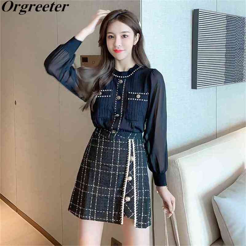 Autumn Trend Fashion Chiffon Paychwork Lantern sleeve Knitted Tops and Plaid A-line Tweed Skirts Two piece Outfits 210602, Black
Autumn Trend Fashion Chiffon Paychwork Lantern sleeve Knitted Tops and Plaid A-line Tweed Skirts Two piece Outfits 210602, Black