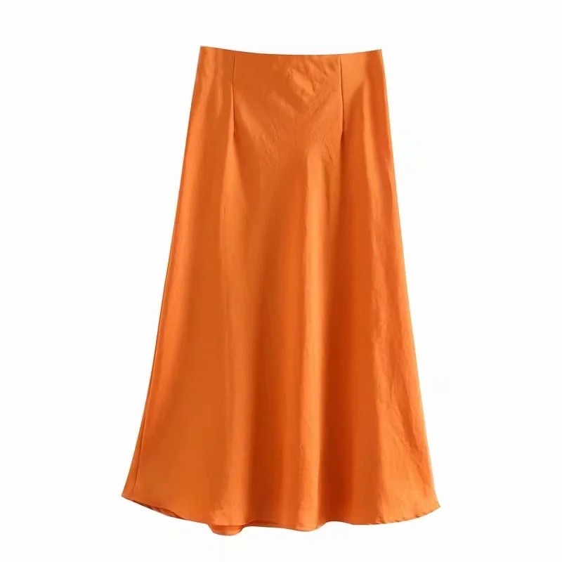 Solid Satin Elastic waist Women Midi Skirt New Fashion Casual Lady Slim A-Line Skirts P1596 210306