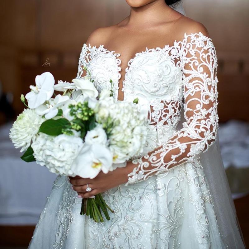 2024 African Mermaid Wedding Dress Bridal Gowns With Detachable Train Off The Shoulder Long Sleeves Lace Appliqued Crystal Pearl Beading vestido de no