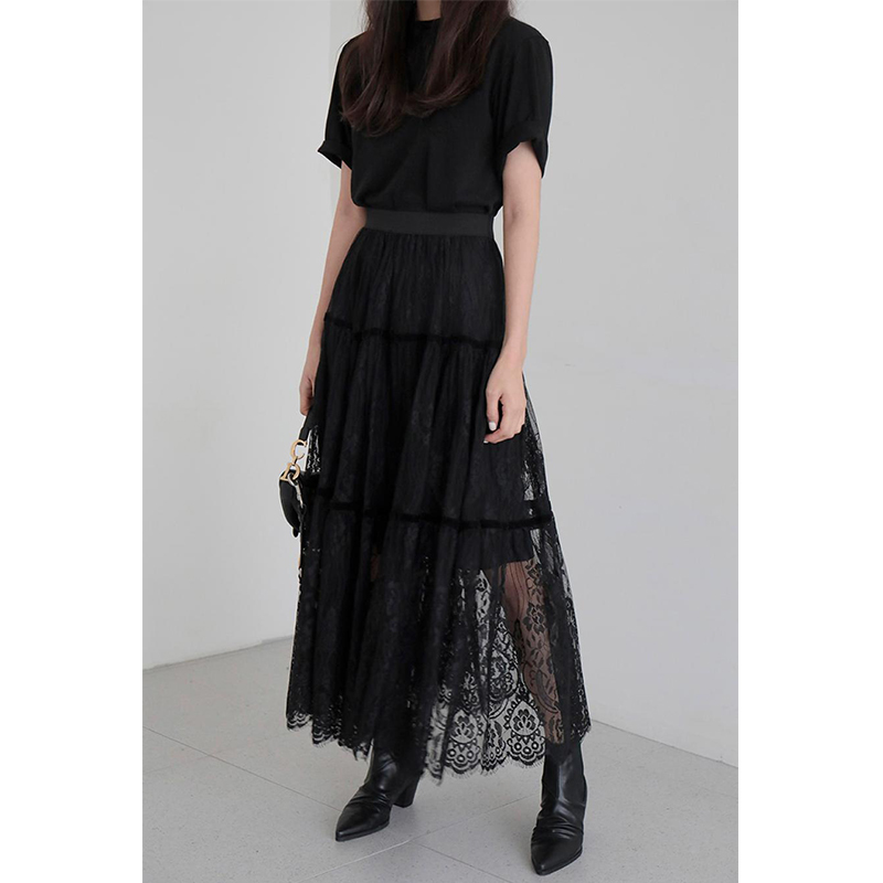 CHEERART Lace Black Midi Ladies Women High Korean Elastic Waist Long Skirt Clothes 210306