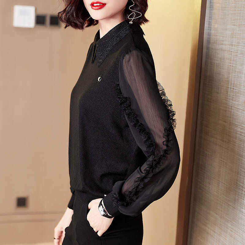 Women Spring Autumn Style Chiffon Blouses Shirts Lady Casual Peter Pan Collar Patchwork Chiffon Blusas Tops DF3795 210225