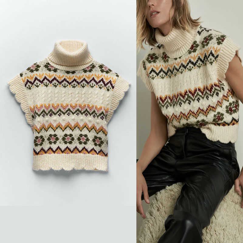 ZA Cable Knit Jacquard Cropped Vest Women Vintage Sleeveless Ruffle Trim Turtleneck Top Female Chic Streetwear Sweater 210602, As picture
ZA Cable Knit Jacquard Cropped Vest Women Vintage Sleeveless Ruffle Trim Turtleneck Top Female Chic Streetwear Sweater 210602, As picture
