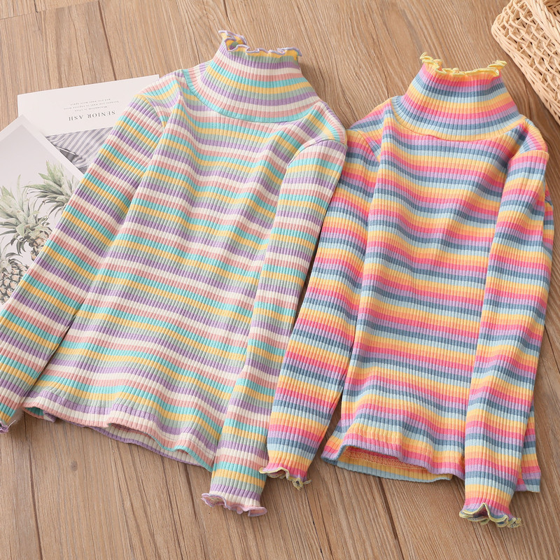 Spring Autumn 2-10 12 Years Children'S Sweet Long Sleeve Colorful Striped High Neck Basic Turtleneck T-Shirt For Kids Girls 210306
