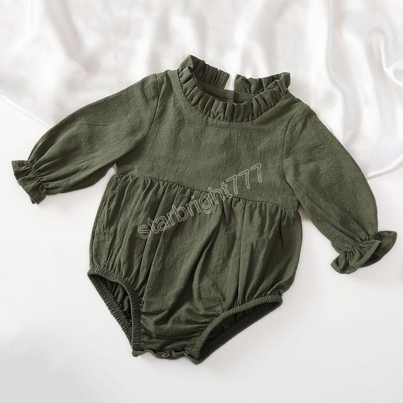 Newborn Long-Sleeved Cotton And Linen Baby Romper Solid Color Flying Sleeve Ruffled Neckline Infant Jumpsuit Clothing