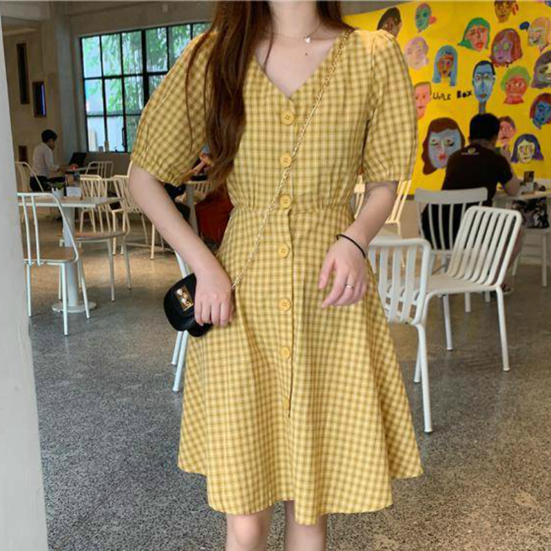 Women Plaid Dress V-neck Short Sleeve Loose Fashion Leisure Sweet Korean Style Backless Lace-up Chic Student Ulzzang All-match C0304