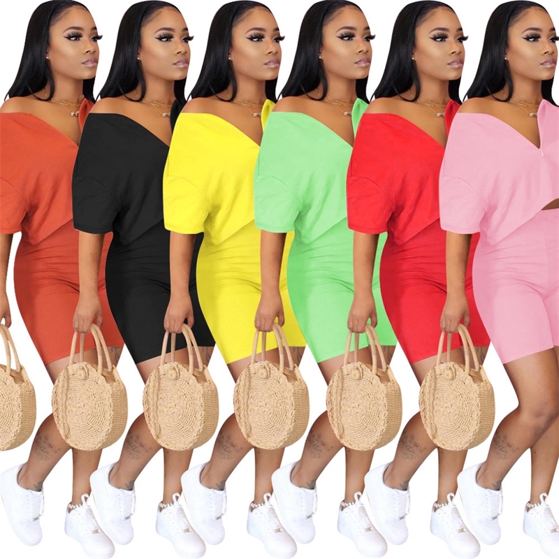 pink Tracksuit 2 piece set woman Crop Top + Pants Short Sleeve Deep V-neck Summer Cloth For Women Outfits Solid 7 Color T200706