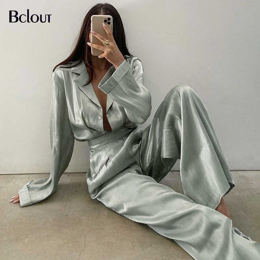 Bclout Green Vintage Two Piece Sets Women Autumn Sets Of Elegant Woman Long Sleeve Top And High Waist Pants 2 Piece Set Female 211007