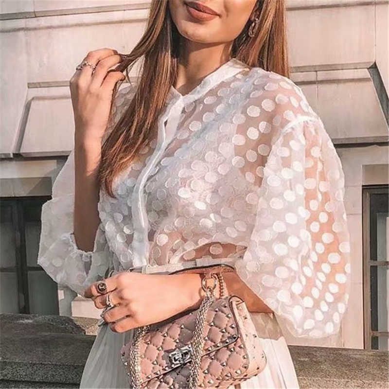 EXQJ Elegant Women Sexy Transparent Ploka Dot Shirts Fashion Ladies O-Neck Tops Sweet Female Chic Puff Sleeve Blouses 210527