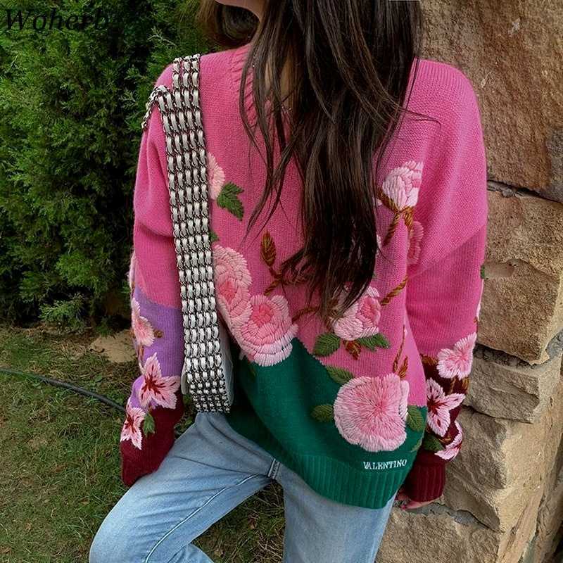 Woherb Flower Embroidery Sweaters Sweet Cute Korean Fashion Clothing Women Pullover Knitwear Autumn O-neck Vintage Jumper Tops 211014