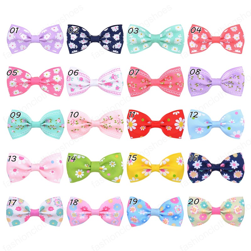 20 Color Printed Floral Hair Clip Bowkont Grosgrain Ribbon Hair Bows for Girl Kids Handmade Hairgrips Headwear Hair Accessories