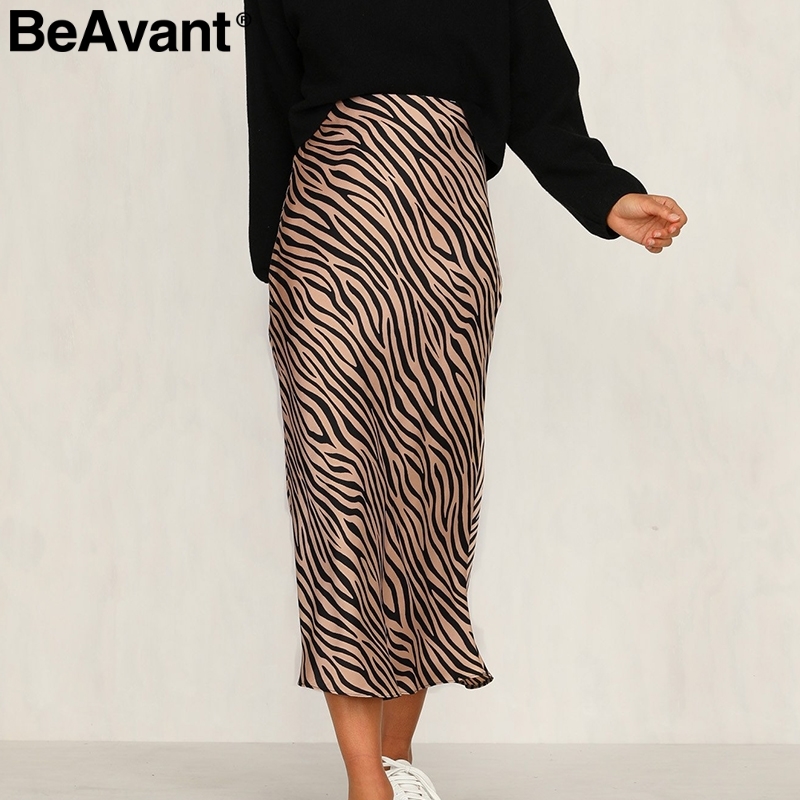 BeAvant Zebra stripe women midi skirt High waist straight animal print female bottom skirt Leisure party night club ladies skirt 210306