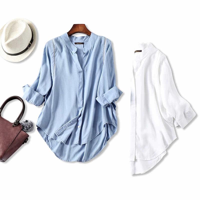 SuyaDream Women Fall blouse 50%Cotton 50%Linen 3/4 sleeved White blouses Office lady shirt Fall Winter Light Blue 210225