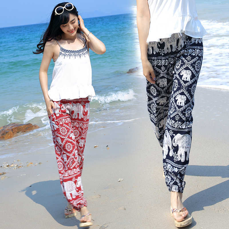 Summer selling Boho printed cotton trousers loose pants elephant printing elastic hem waist with pockets wholesale 211115