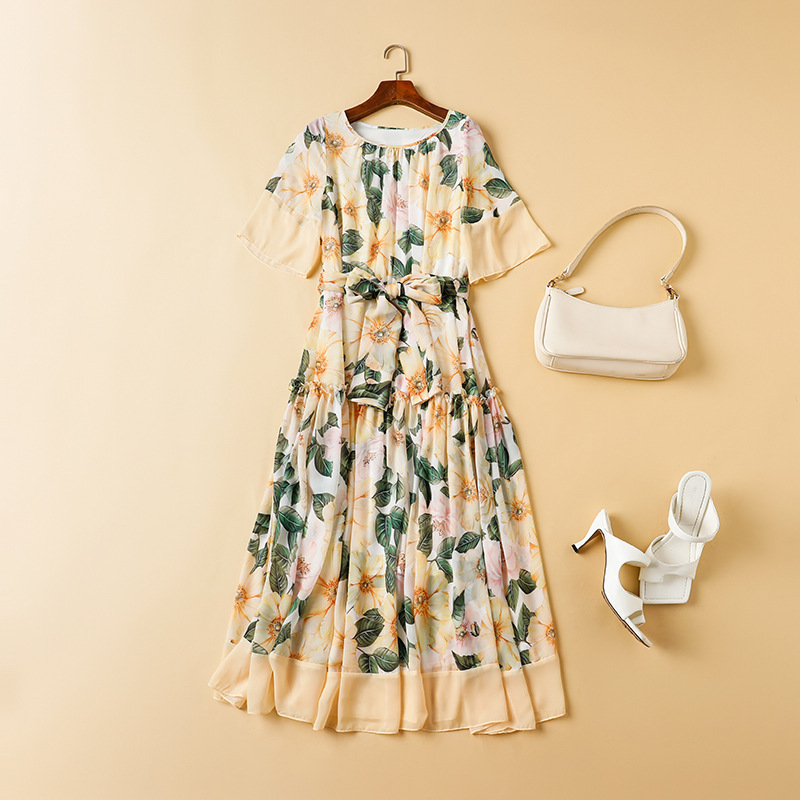 Women's Runway Dresses O Neck Short Sleeves Printed Ruffles Patchwork Fashion Mid Dress with Sash Belt