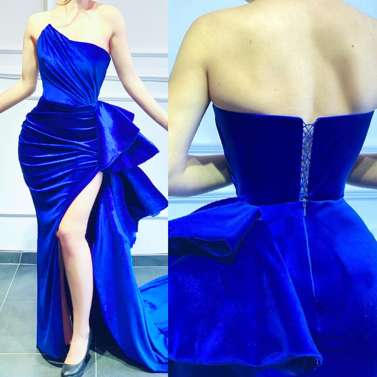 Elegant Royal Blue Velvet Mermaid Evening Dresses For Women 2022 Strapless Side High Split Long Prom Dress Back Lace Up Plus Size Special Occasion Dre