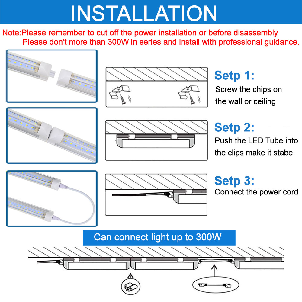 LED Shop Light 8FT Tube Lights 6500K Cold White V Shape Clear Cover Hight Output Linkable Shops Lights for Garage