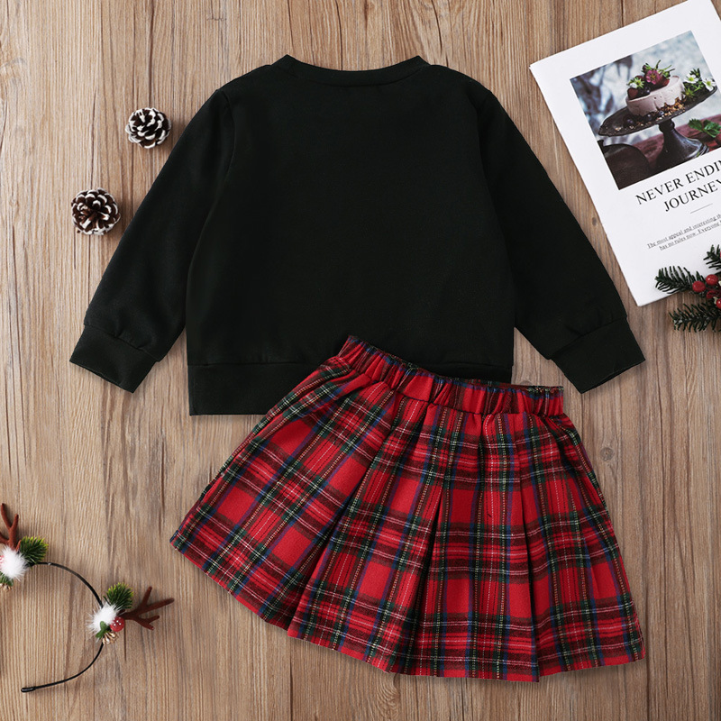 Christmas Baby Clothes Sets Spring Autumn Girls Outfits Xmas Tree Black Round Neck Print Long Sleeve Hoodie+Red Plaid Skirt Kids Clothing