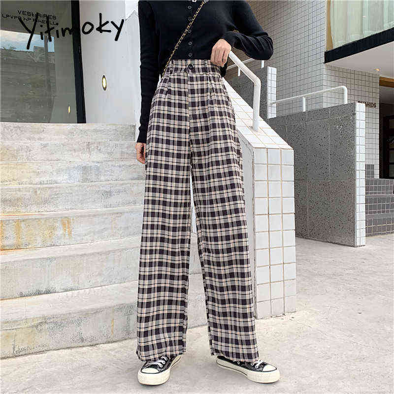 Yitimoky Plaid Pants Sweatpants Women Spring Streetwear Korean Style Elastic High Waist Straight Wide Leg Woman 211115