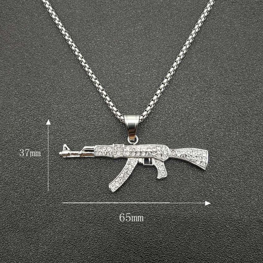 Hip Hop Jewelry Titanium Steel Gold Plated Diamond Ak47 Pendant Necklace 6CC3