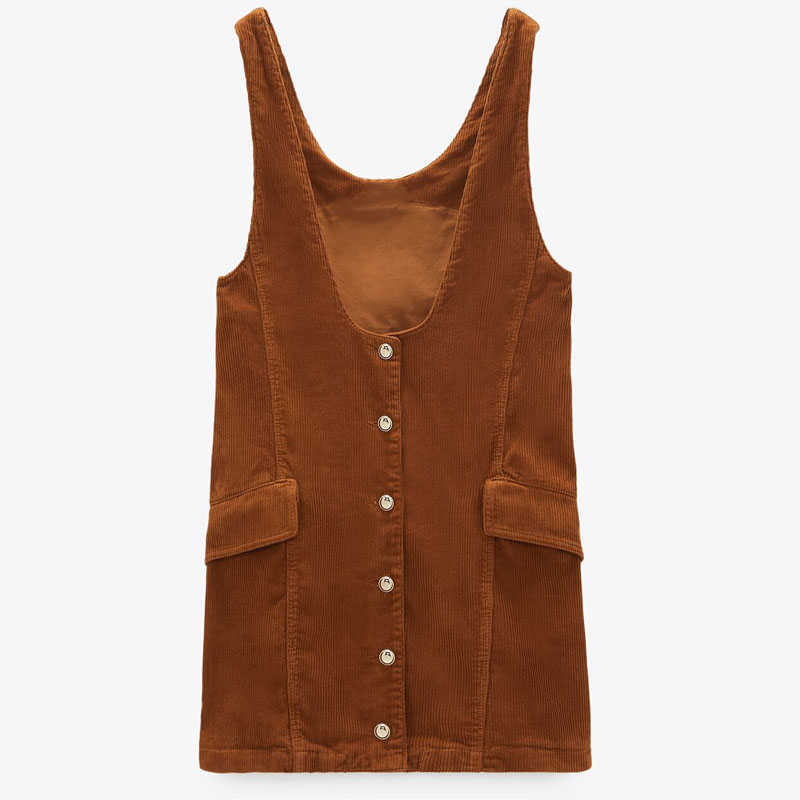 Za Vintage Corduroy Wide Straps Dress Women Sleeveless Button Short Office Dresses Woman Fashion Winter Elegant Vestido 210602, As picture 
Za Vintage Corduroy Wide Straps Dress Women Sleeveless Button Short Office Dresses Woman Fashion Winter Elegant Vestido 210602, As picture