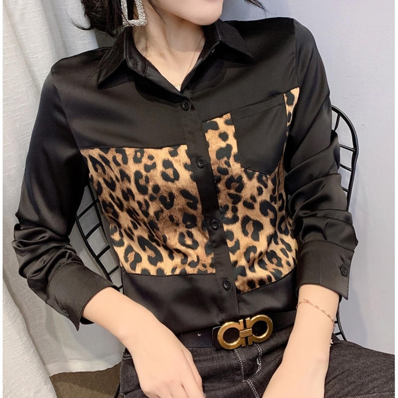 2021 Chic Style Long Sleeve Patched Color Shirts Women Vinatge Print Satin Shirts Lady Office Chiffon Blouses Satin Tops 210225