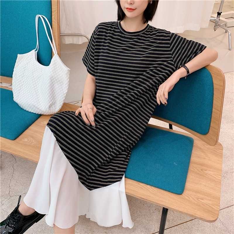 Spring and Summer Korean Striped Stitching Chiffon Short-sleeved Dress Irregular Casual Loose Comfortable Home Female 210615Z