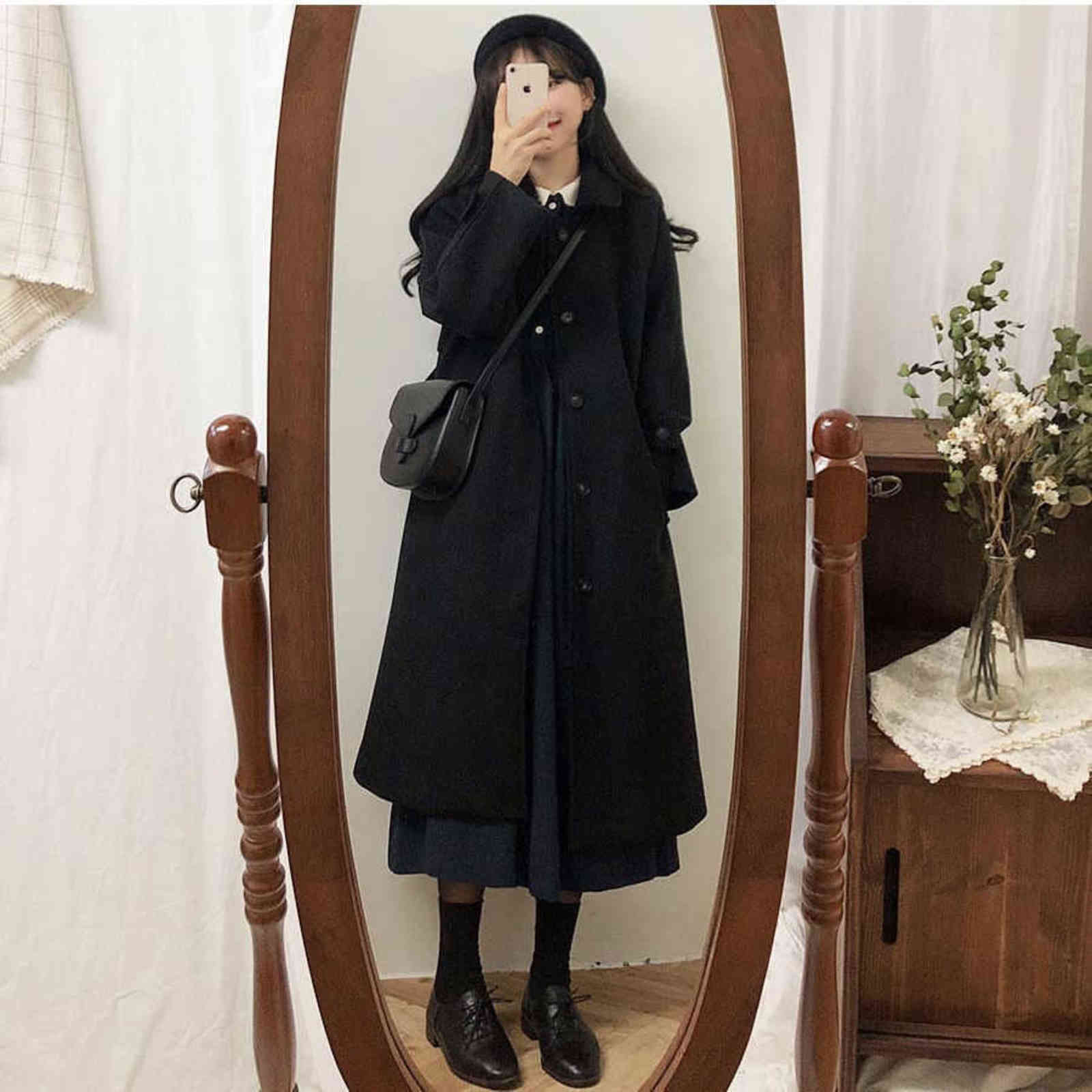 Woolen Coat Women's Mid-length Winter Korean Style Loose and Thin Thickened Over-the-knee Woolen Coat Parkas 211130