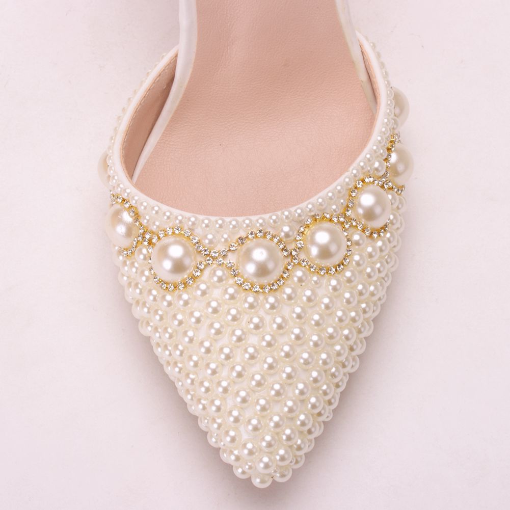 Fashion Pearls Designer Women Wedding Shoes Heels Crystal Bridal Shoes Size 4-10 Party 4 IN High Heels Shoes For Women White Ivory Real Photos