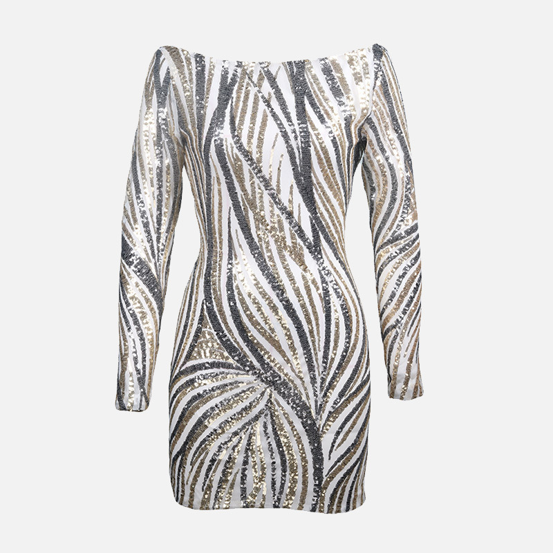 Womens Dress Mini Sequined Striped Offshoulder Woman Party Dresses Longsleeve Shiny Bodycon Backless Robe Year Sexy 210303