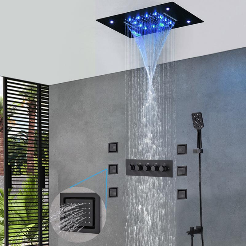 

Modern Black Shower Set Concealed Rain Waterfall Shower head LED Bathroom Kit Thermostatic 4 Ways Mixer Body Jets Massage