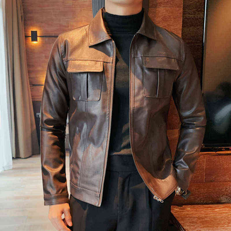 Faux Leather Jacket Men Autumn Motorcycle Korean Slim Green British Trend Casual 211111