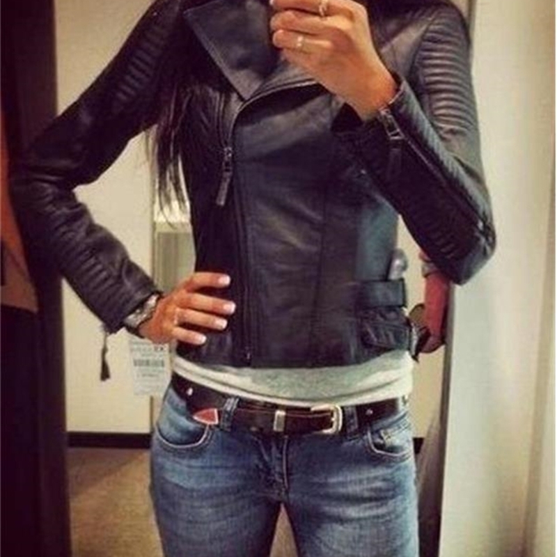Ladies Leather Jackets New Black Slim Moto Bikers Jacket Women Long Sleeved Zipper Spring Autumn Outerwear Leather Coats