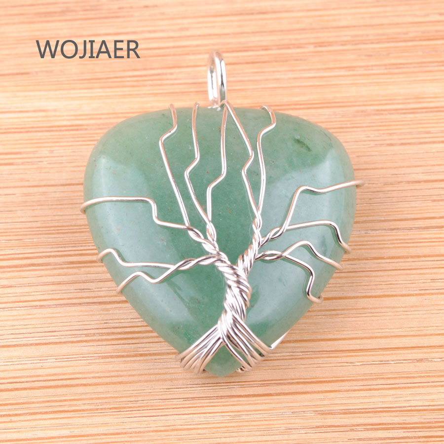 WOJIAER Silver Tree of Life Wire Wrap Water Bead Pendant Natural Golden Sand Pink Quartz Gem Stone Heart Jewelry BN362