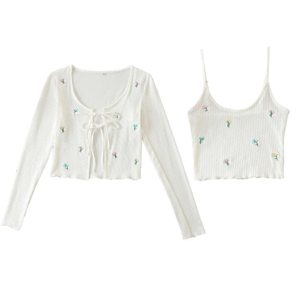 women two piece set knitted cardigan Embroidery & Adjustable strap crop top camisole ensemble femme 210707