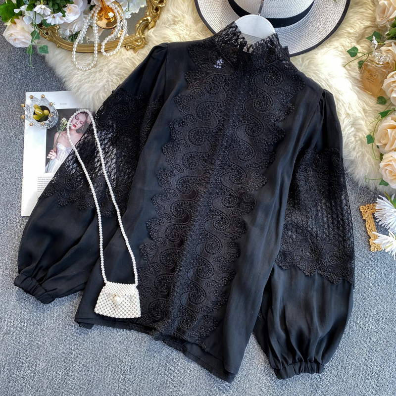Embroidery Mesh Patchwork Lace Women's Shirts Blouse Bow Scarf Collar Lantern Long Sleeve Spring Female Clothing Fashion 210225