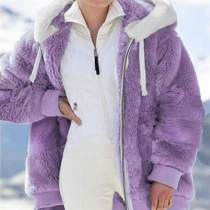 For Women's Winter Hooded Jacket Fashion Cardigan Zipper Casual Loose Solid Color Plush Long Sleeve Warm Fur Cotton Clothes 211123