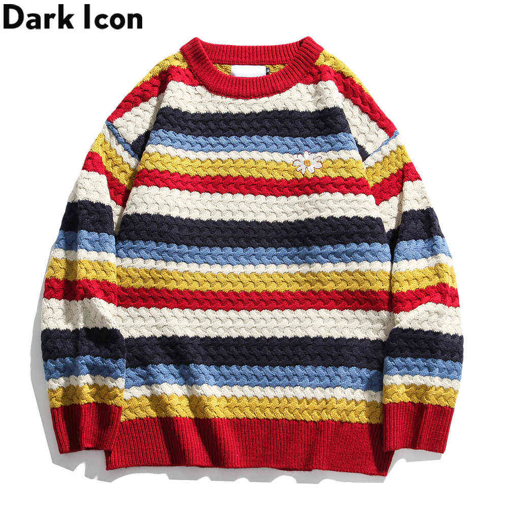 Striped Floral Embroidery Men's Sweater Students Boy Girl Sweaters Preppy Style Couple Sweater 210603