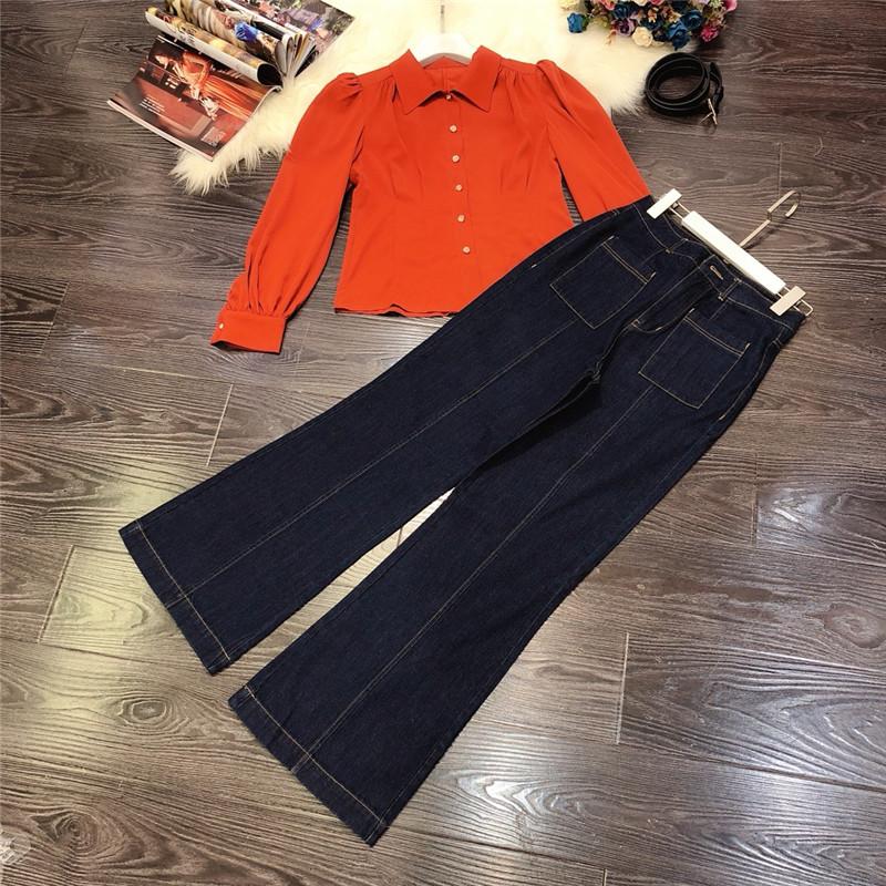 Women's Two Piece Pants Elegant Spring Runway Designers Women Outfits 2021 Fashion Long Sleeve Blouse And Wide Leg Jeans Suits Sets