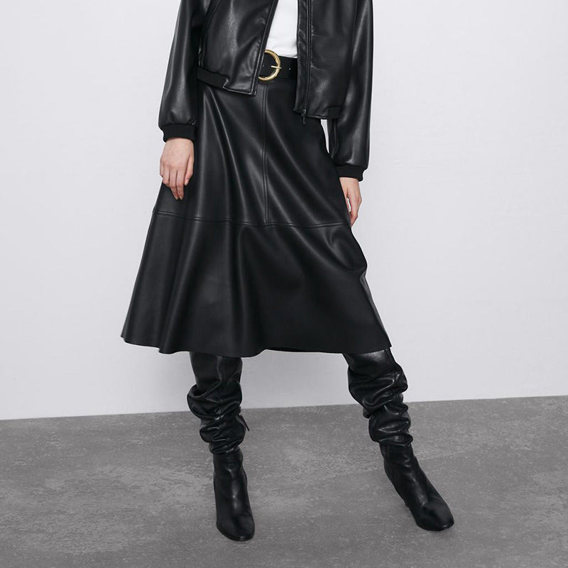 Neophil Vintage Women Leather Midi Skirts PU Faux Winter Warm Fashion Sashes A-Line High Waist Flare Belt Skirt Longa Saia S9730 210309