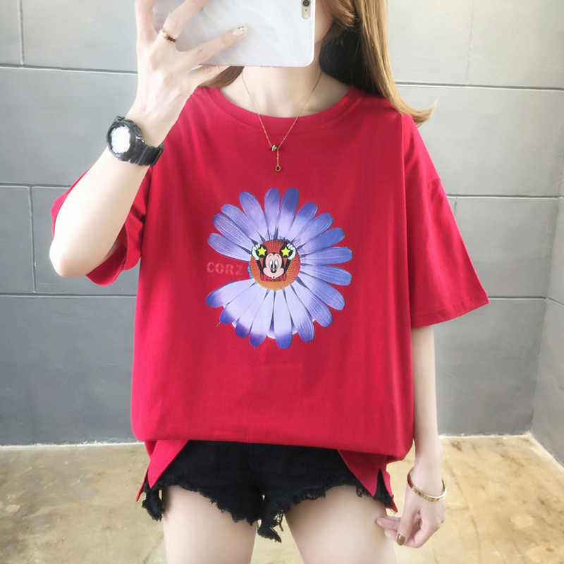 Tee Shirt Femme Loose Women Fashion Korean Clothes Floral Print shirt Summer ops Short Sleeve Female 210615Z
