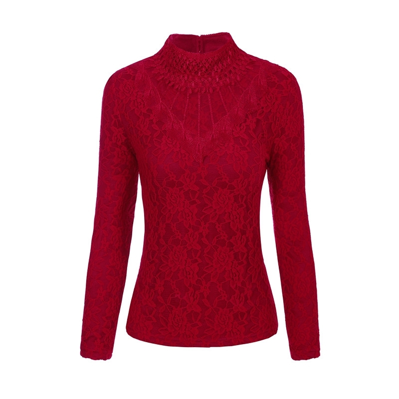Elegant Feminine High Neck Lace Bottom Blouse & Shirt Women Long Sleeve Tops Warm Shirt Plus Size 4XL 210225