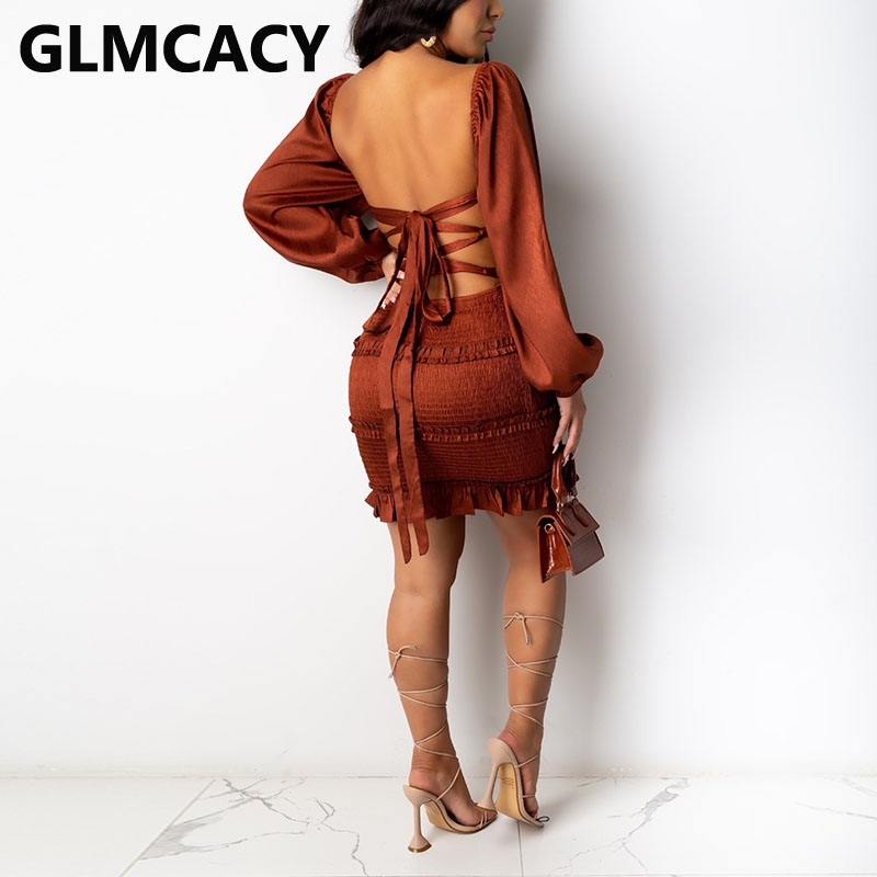 Women Long Sleeve Square Neck Dress Chic Bdoycon Lace Up Back Mini Dresses 210702
