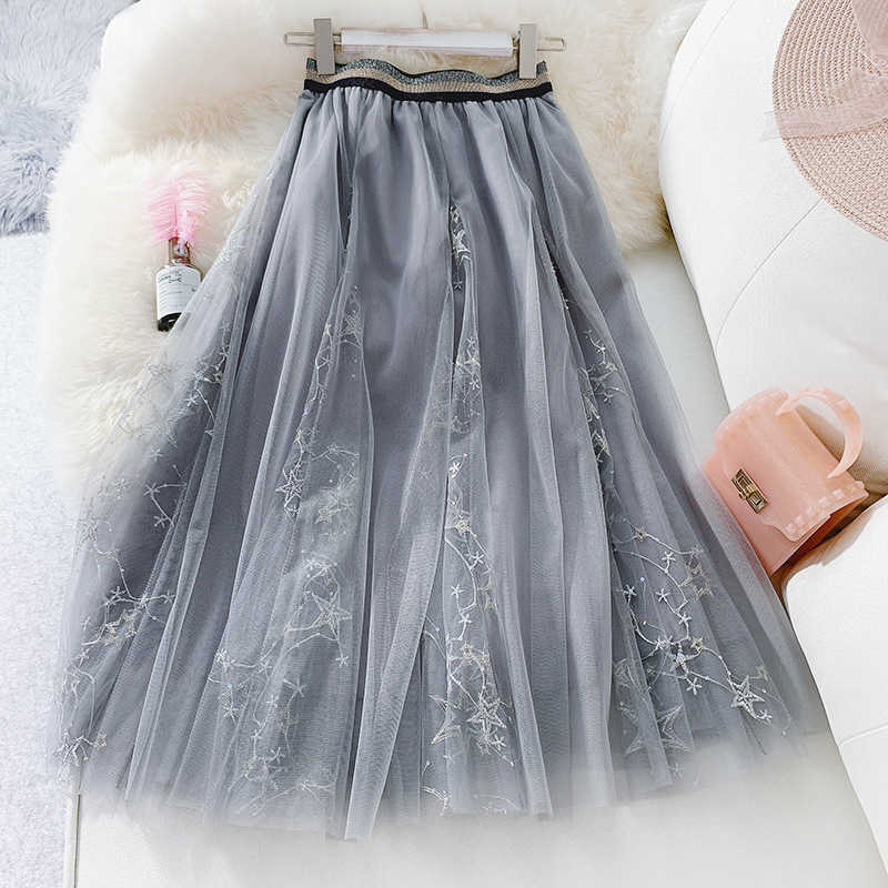 Korea spring and summer A-line double multi-layer mesh halfbody skirt wholesales heavy work lace bottoms Y092 210603