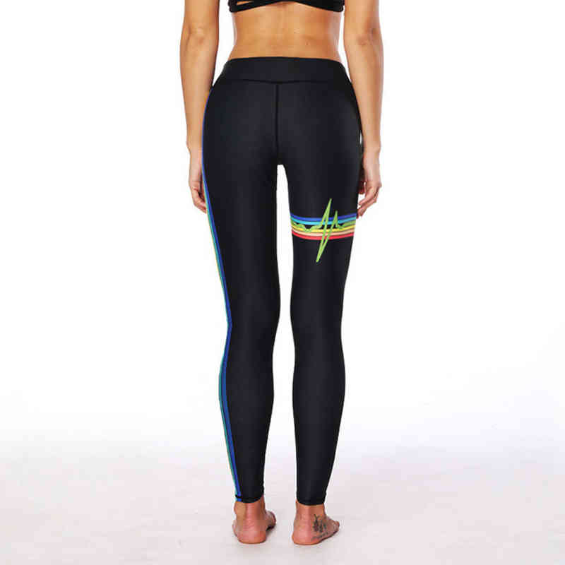 Rainbow Striped Polyester Leggings Casual Black Sporting Elastic Force Breathable For Women 211215