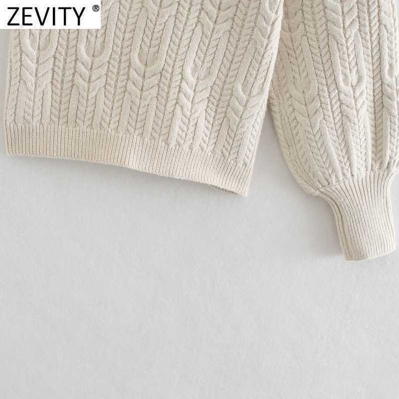 Zevity Women Sexy Asymmetry Single Shoulder Short Crochet Knitting Sweater Female Chic Lantern Sleeve Slim Pullovers Tops CT687 210603
