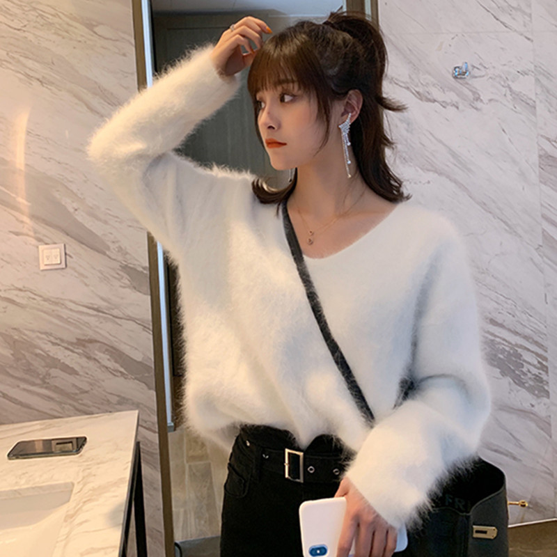 Women Ladies Sweaters and Pullovers Pure 100% Mink Cashmere Knitted Pullover Angora Fluffy JNS002 201031