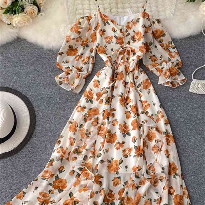 Women Seaside Ins Sweet Ruffled V Neck Elegant Dress Lady Sexy Vestidos De Fiesta M256 210527