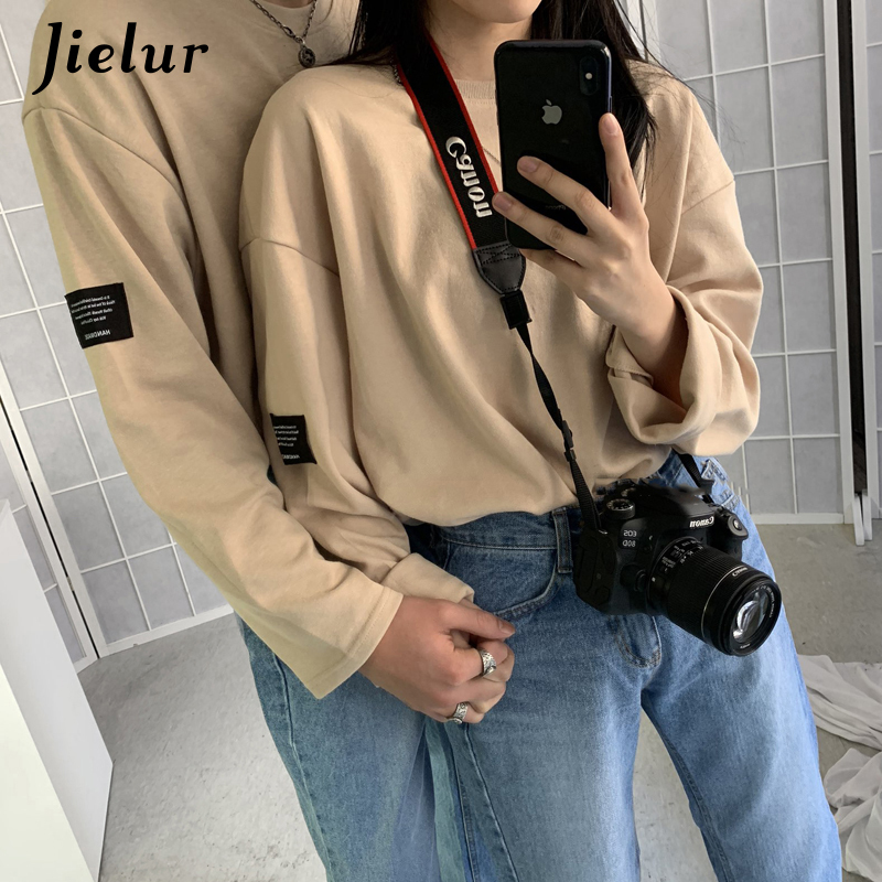 Jielur Korean Style Fashion Long Sleeve T-shirt Women Harajuku BF T-shirts Spring Loose Couple Tees White Top Hipster Clothing 210302