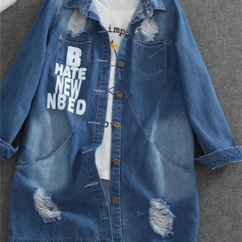 Ladies Denim Jackets Women Spring Turn Down Collar Hole Long Sleeve Casual Denim Jacket Women Jeans Coat Outerwear Plus Size 8XL T200212