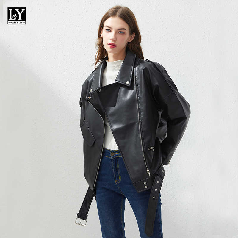 LY VAREY LIN Spring Women PU Faux Leather Jacket Casual Biker s Outwear BF Style Black Female Coat 210526